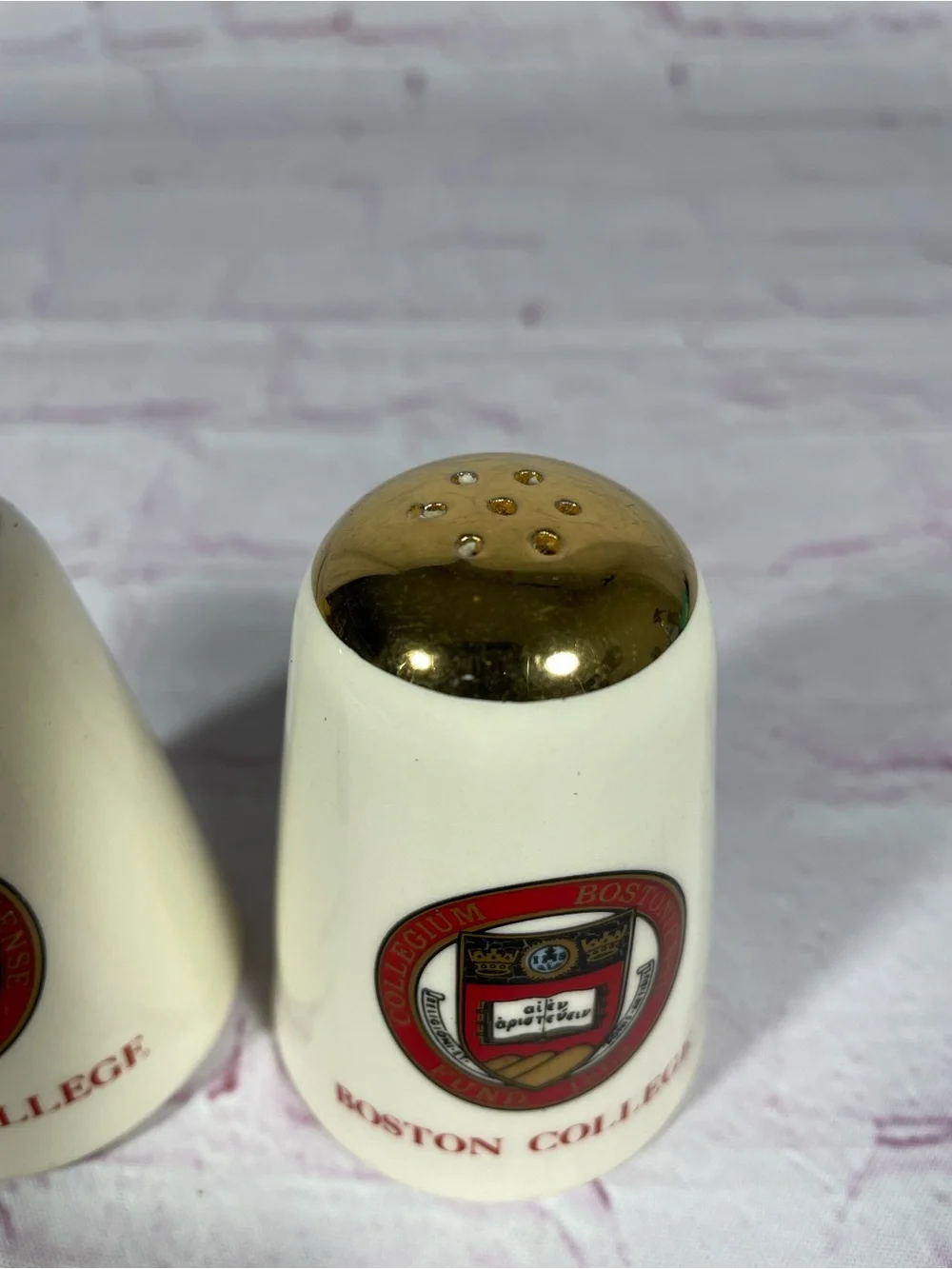 Vintage Boston College Ceramic Salt and Pepper Shaker Pair Gold Trim